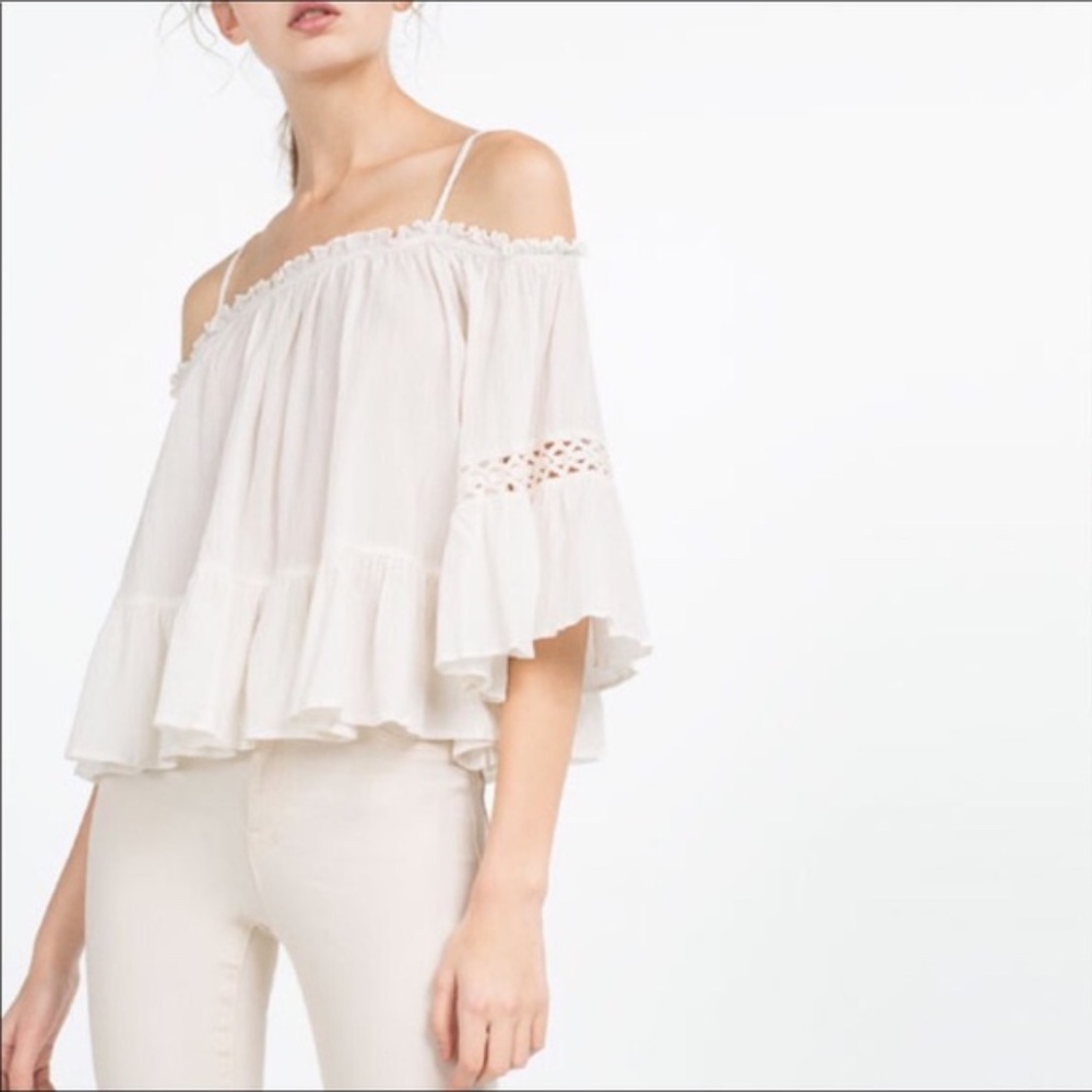 Zara Trafaluc White Ruffle Off the Shoulder Blouse